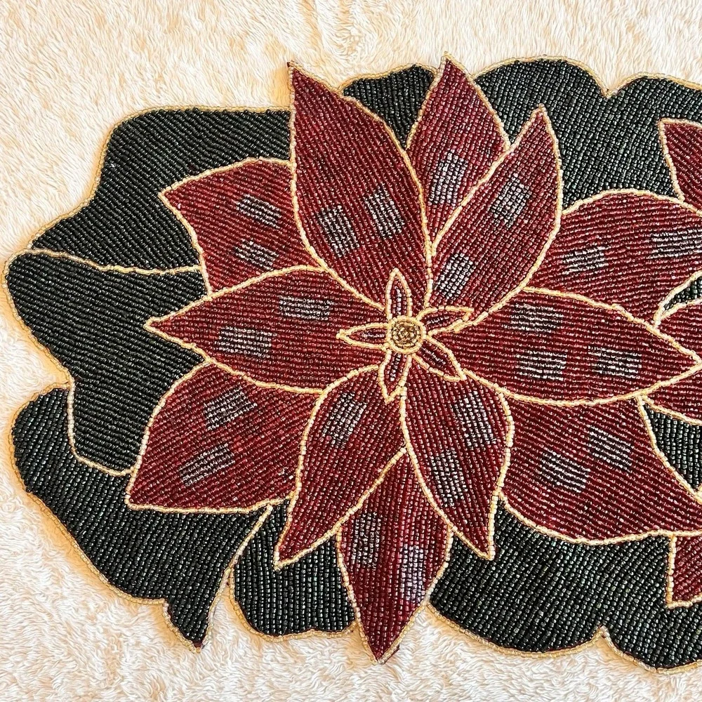 Christmas Hand Beaded Poinsettia Table Runner Red Green Floral Holiday 36x13